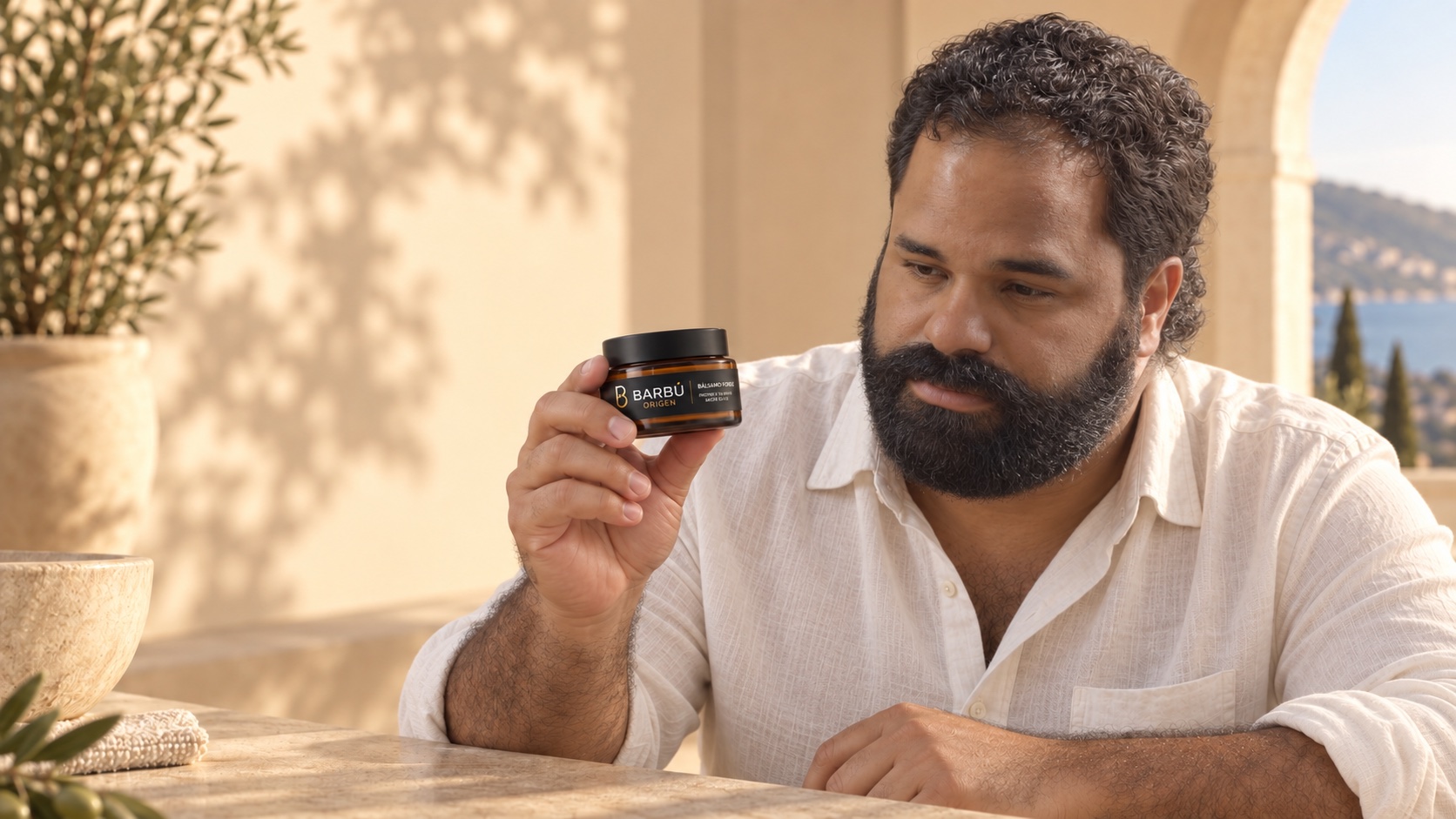 Barbú Origen customer holding Bálsamo Forge in warm Mediterranean light